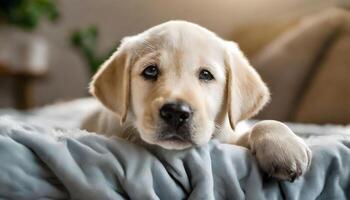 AI generated labrador puppy closeup resting on bed at home photo