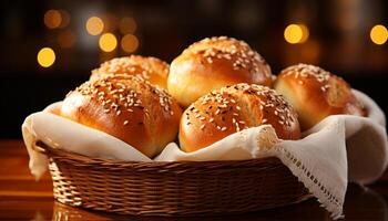 AI generated Freshly baked bread on wooden table, a gourmet delight generated by AI photo