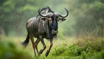 AI generated portrait of a wildebeest running alone in the forest photo