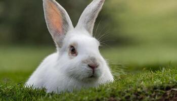 AI generated white rabbit face closeup resting on green grass photo