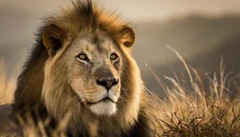 AI generated wild male lion face closeup in the forest photo