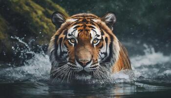 AI generated wild male tiger walking in river photo