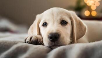AI generated closeup of a baby Labrador puppy resting on bed at home photo