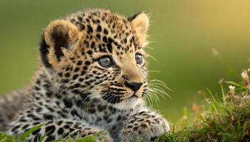 ai generado recién nacido bebé leopardo cachorro descansando en césped foto