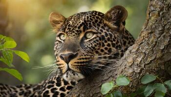 AI generated wild leopard closeup resting on tree photo
