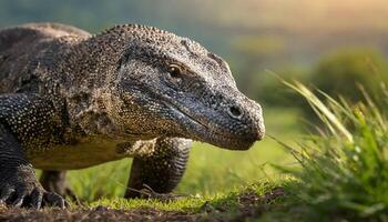 AI generated komodo dragon extreme face closeup walking on grass photo