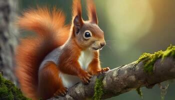 AI generated Red Squirrel Closeup Perched Serenely on Tree photo