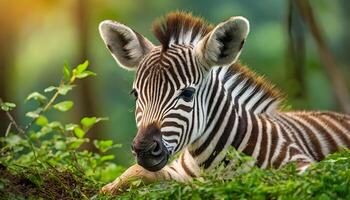 AI generated zebra foal resting on grass in the forest photo