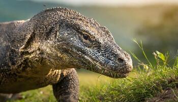 ai generado komodo continuar cara de cerca caminando en césped en el bosque foto