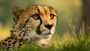 AI generated closeup of a wild spotted cheetah face resting on grass photo