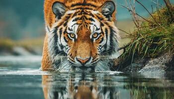 AI generated closeup of a wild male tiger closeup looking into camera in the forest photo