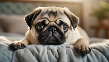 AI generated pug dog puppy closeup resting on bed photo