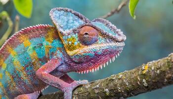 AI generated chameleon closeup walking on a branch of tree photo