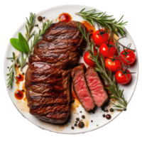 AI generated Isolated meat beef with tomatoes in plate with leaves on transparent background png Generative AI