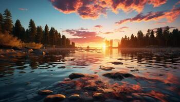 AI generated Tranquil scene sunset reflects on water, nature beauty generated by AI photo