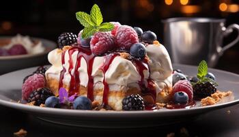 AI generated Homemade gourmet dessert Berry cheesecake with whipped cream generated by AI photo