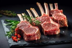 AI generated Raw lamb with rosemary on black stone background.Generative Ai. photo