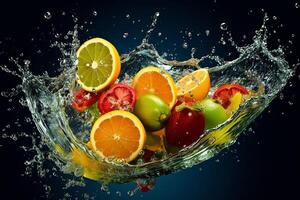 AI generated Water splash with fresh fruit photo