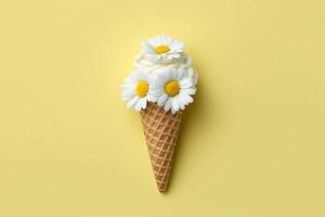 AI generated Waffle cones with chamomile flower.Generative Ai. photo