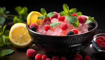 AI generated Freshness and sweetness in a bowl of berry fruit generated by AI photo