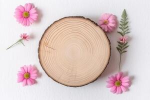 AI generated Podium minimal empty wooden with pink flower on white background.Generative Ai. photo