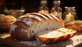 AI generated Freshly baked homemade bread on rustic wooden table generated by AI photo