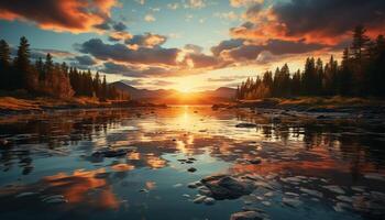AI generated Tranquil scene sunset reflects on mountain, nature majestic beauty generated by AI photo