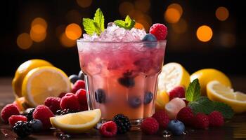 AI generated Freshness in a glass Raspberry cocktail, lemon, mint leaf generated by AI photo