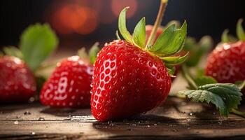 AI generated Ripe strawberry, juicy raspberry, fresh fruit on wooden table generated by AI photo