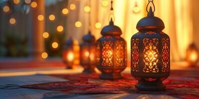 ai generado colección de iluminado linternas Ramadán kareem antecedentes foto