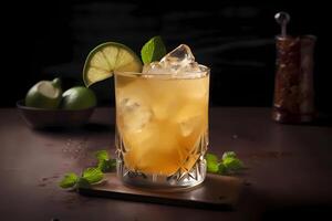 AI generated Old Cuban - Originated in the United States, made with rum, lime juice, mint leaves, sugar, and champagne photo