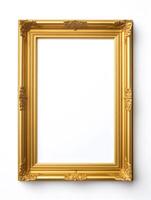 AI generated Empty gold luxury picture frame isolated on white background, Vertical size, With clipping path photo