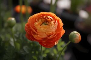 AI generated Ranunculus - Ranunculus asiaticus - Flower native to Europe and Asia - Known for their brightly colored, ruffled blooms. A symbol of radiant charm photo