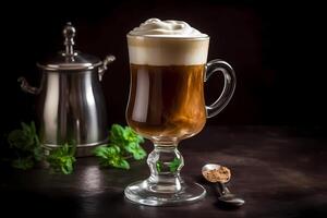 AI generated Irish Coffee - Originated in Ireland, made with coffee, Irish whiskey, sugar, and cream photo