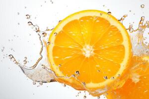 AI generated Half orange fruit with splash water isolated on white background photo