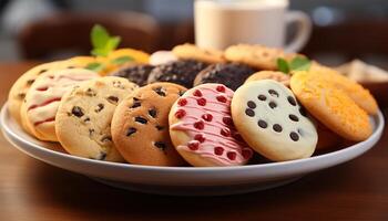 ai generado un gastrónomo postre chocolate chip Galleta en de madera mesa generado por ai foto