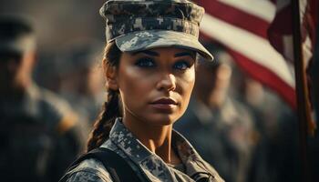 ai generado joven adulto mujer en militar uniforme mirando a cámara generado por ai foto