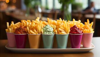 ai generado gastrónomo comida, Fresco papas fritas, dulce postre, refrescante beber, sano comiendo generado por ai foto