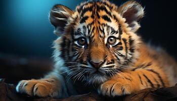 AI generated Majestic tiger staring, cute cub, beauty in nature generated by AI photo