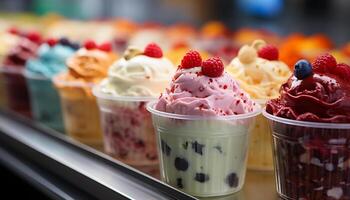 ai generado gastrónomo postre Fresco frambuesa hielo crema con fresa indulgencia generado por ai foto