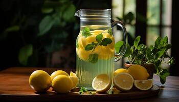 AI generated Fresh lemonade on wooden table, a refreshing summer drink generated by AI photo