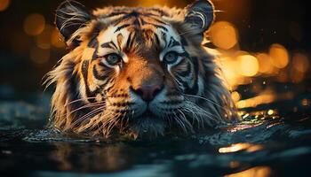 AI generated Bengal tiger staring, majestic, dangerous, in nature beauty generated by AI photo