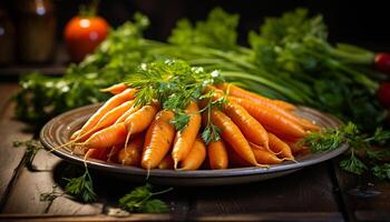 AI generated Freshness of healthy eating vegetable salad on rustic wooden table generated by AI photo