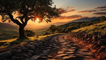 ai generado tranquilo puesta de sol pinturas naturaleza belleza en rural montaña paisaje generado por ai foto