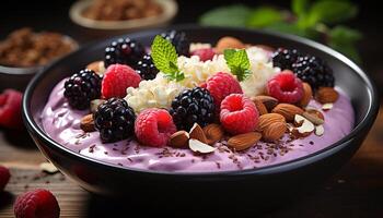 AI generated Freshness in a bowl Raspberry, blueberry, and strawberry parfait generated by AI photo