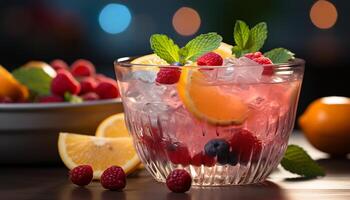 AI generated Freshness in a glass Raspberry cocktail, mint leaf, summer generated by AI photo