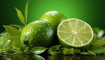 AI generated Fresh lime slice, juicy and refreshing, on a green leaf generated by AI photo