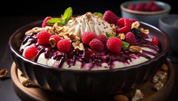 AI generated Homemade gourmet dessert sweet pie, raspberry, chocolate, whipped cream generated by AI photo