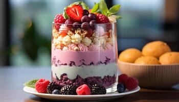 AI generated Freshness and indulgence on a summer table of gourmet desserts generated by AI photo