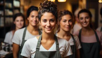 AI generated A group of smiling young women studying indoors happily generated by AI photo